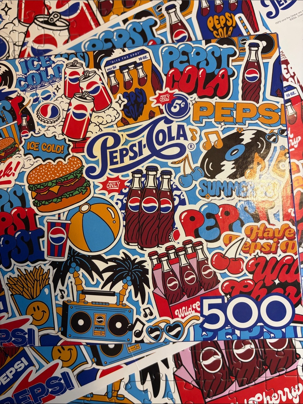 🧩 500 piece Rose Art “Pepsi Stickers”. Fun puzzle with poster. Complete.